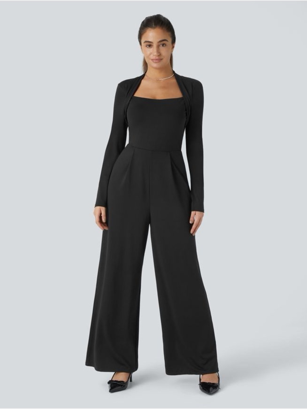 Halara Black Long Sleeve Wide Leg Jumpsuit Square Neck Stretch Size L NWT - Picture 2 of 12